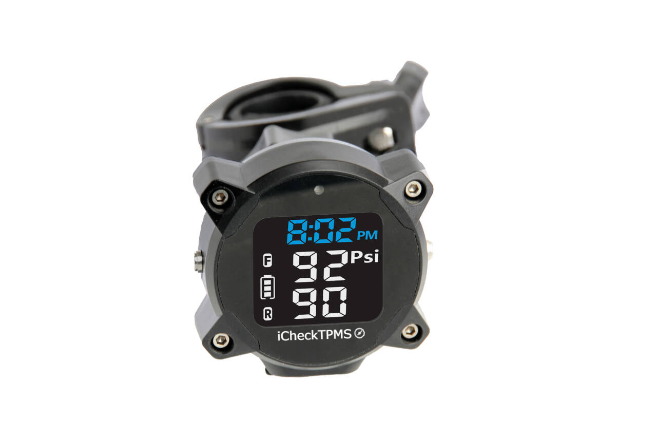 iCheck Motorcycle TPMS ICMC2 display front view showing front and rear tyre pressures